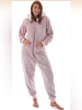 One-Piece Pink Fleece Fuzzy Pajamas Pajamas -   Small